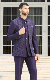 Three-piece Purple Designer Bandhgala suit