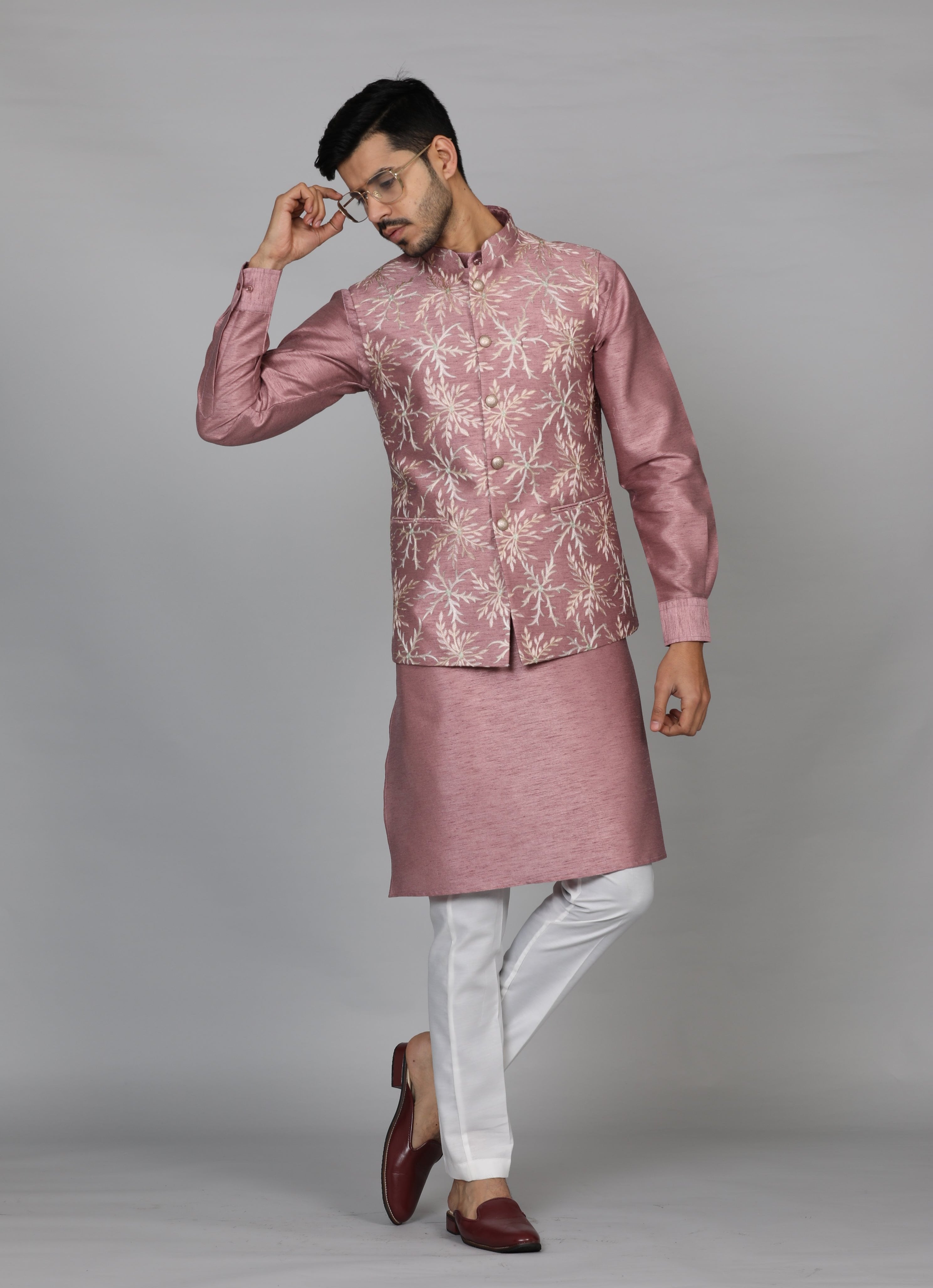 Pink Embroidered Kurta Jacket Set