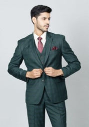 Teal Self Checked Single-Breasted-5 Piece Suit