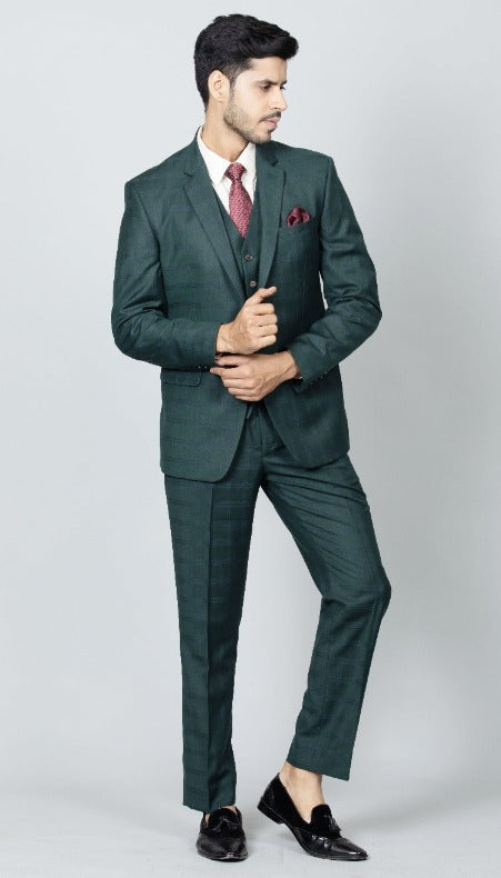 Teal Self Checked Single-Breasted-5 Piece Suit