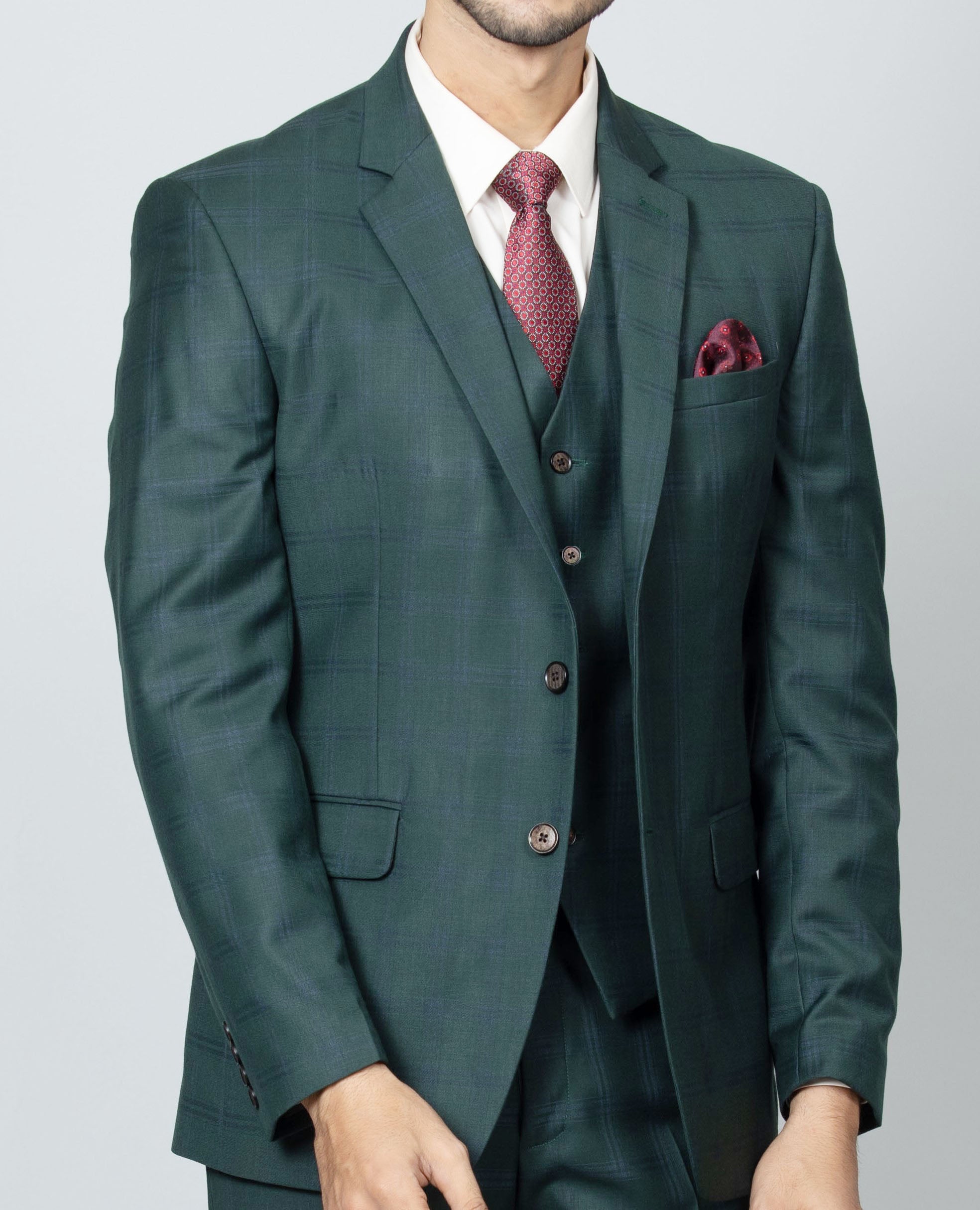 Teal Self Checked Single-Breasted-5 Piece Suit