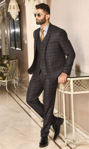 Black Self Checked Single-Breasted-5 Piece Suit