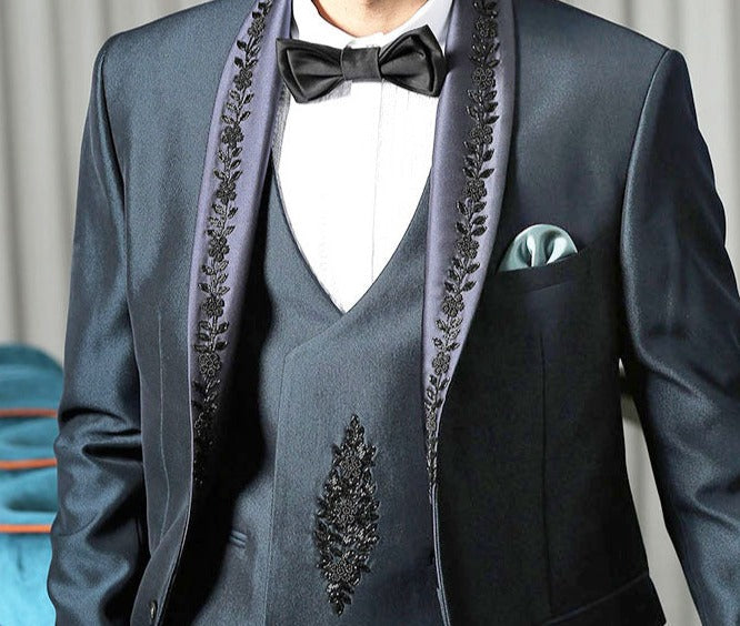 Teal designer suit with embroidered Blue satin shawl collar