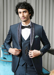 Teal designer suit with embroidered Blue satin shawl collar