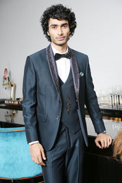 Teal designer suit with embroidered Blue satin shawl collar