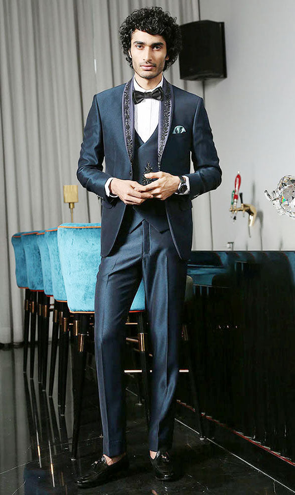 Teal designer suit with embroidered Blue satin shawl collar