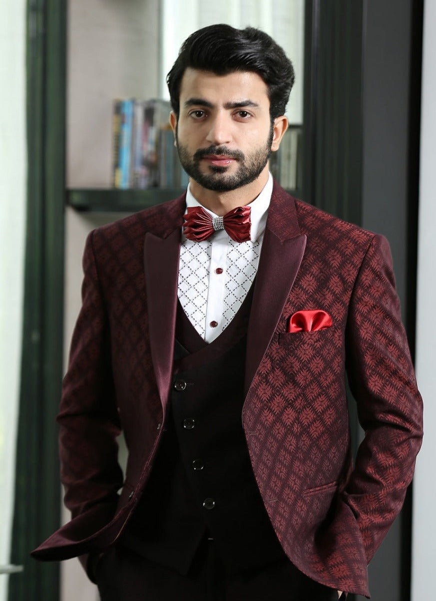 Wine Peak Lapel Jacquard Suit