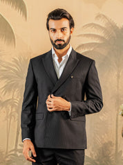 Black Striped Double-Breasted Party Blazer