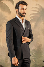 Black Striped Double-Breasted Party Blazer