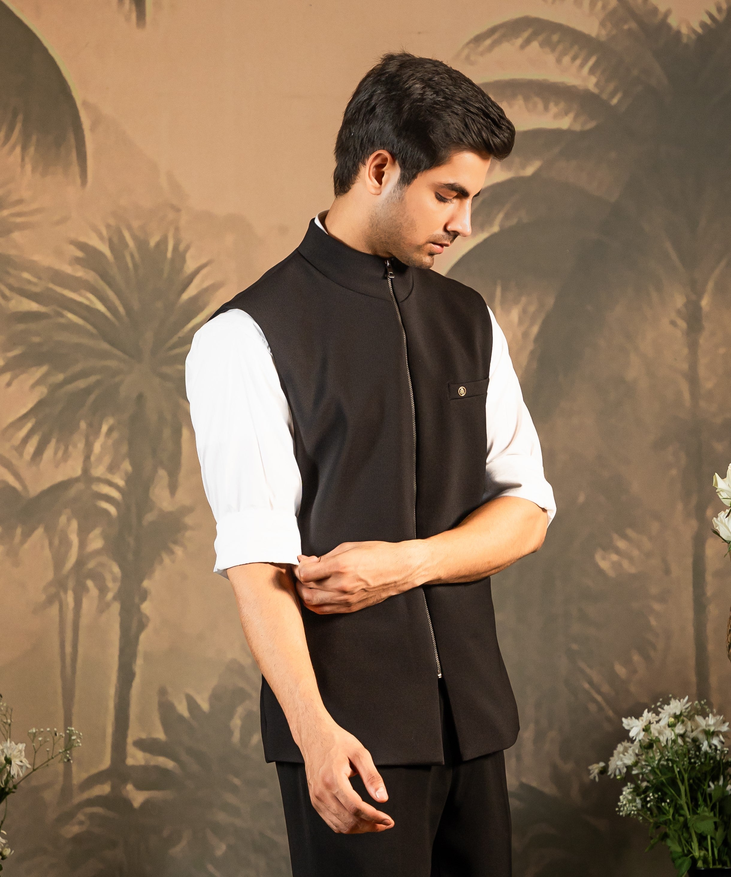 Black Textured Zipper nehru jacket