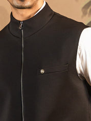 Black Textured Zipper nehru jacket