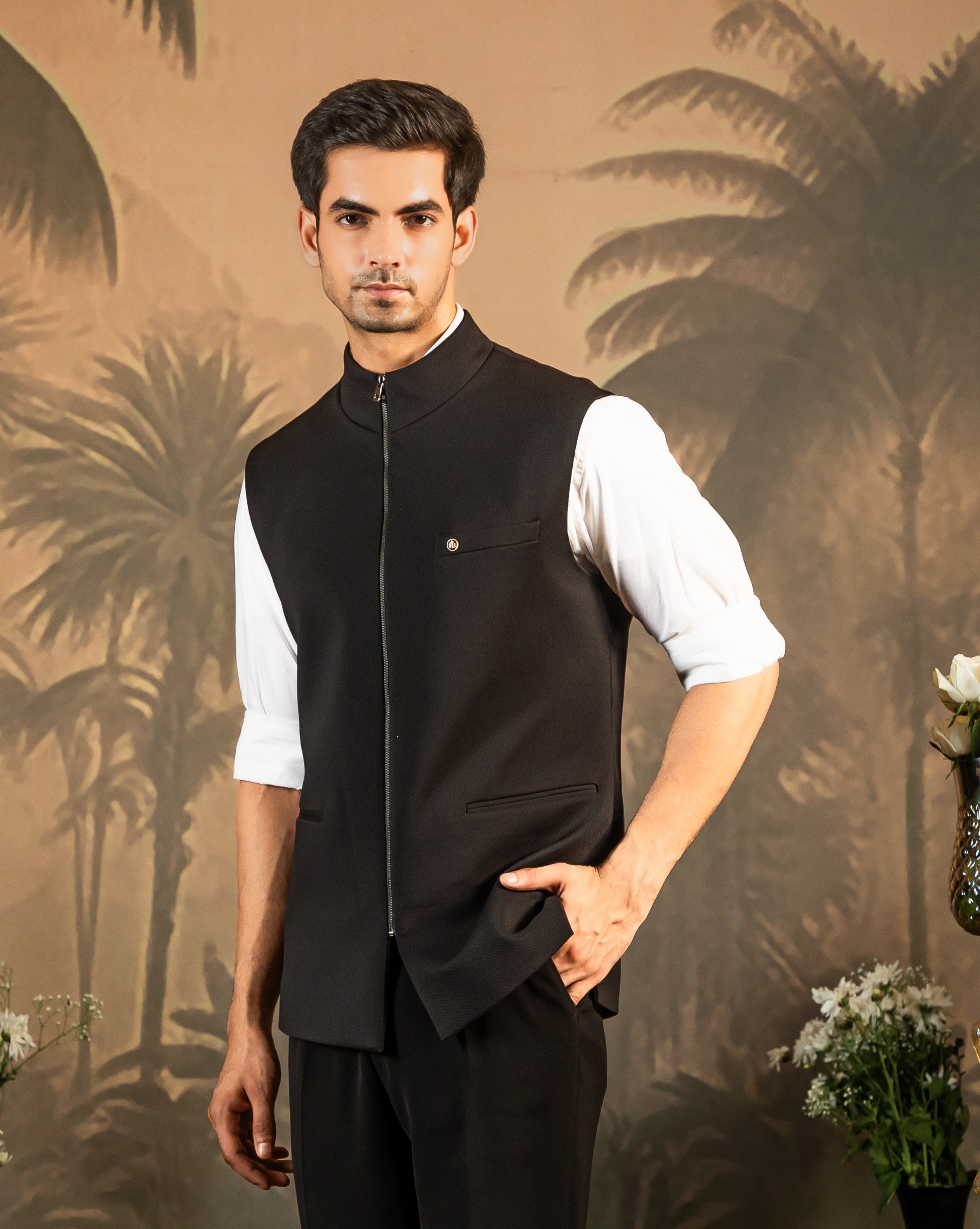 Black Textured Zipper nehru jacket