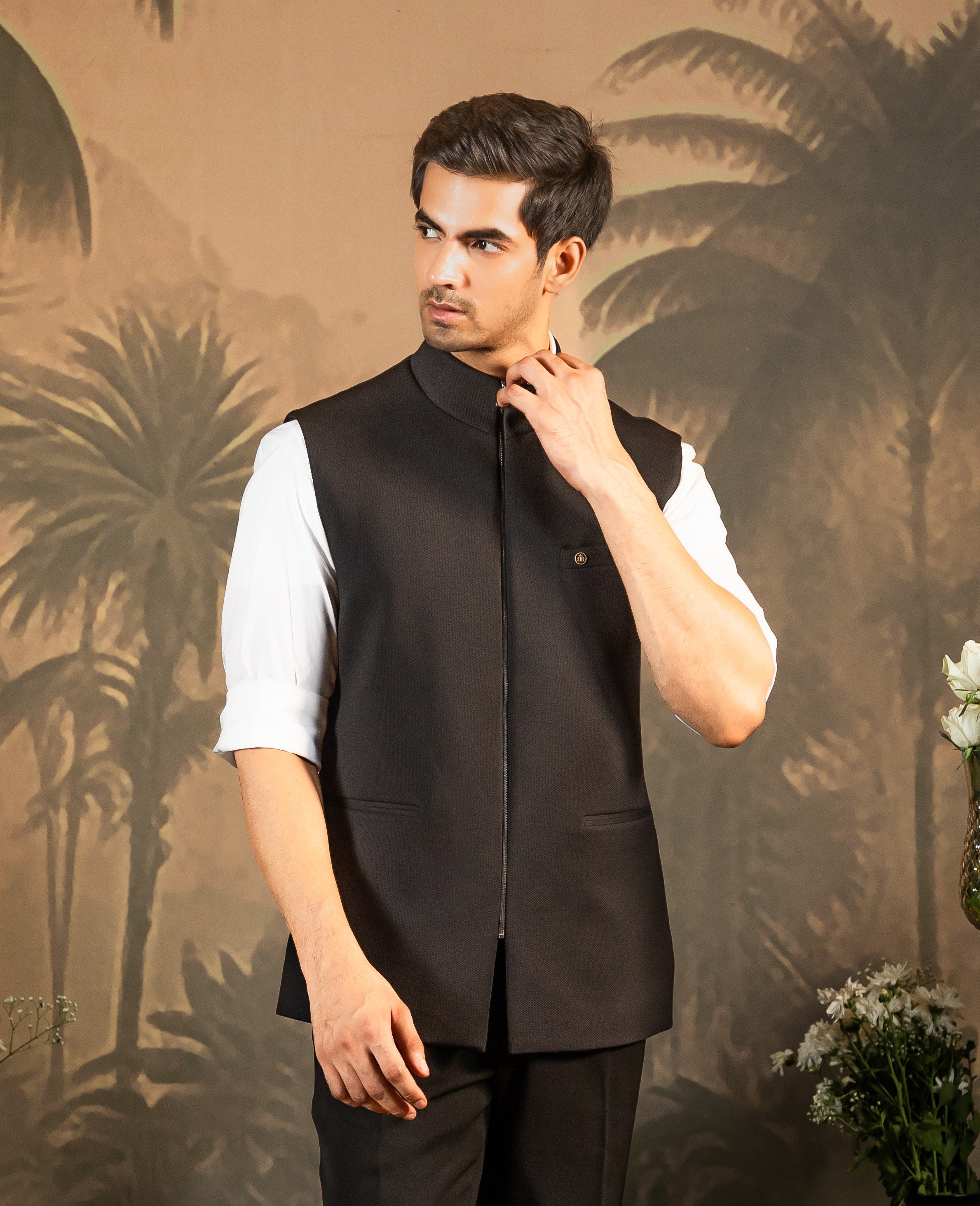 Black Textured Zipper nehru jacket