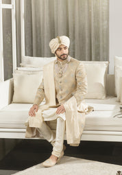 Men's Beige Silk Sherwani - Luxury Indian Attire