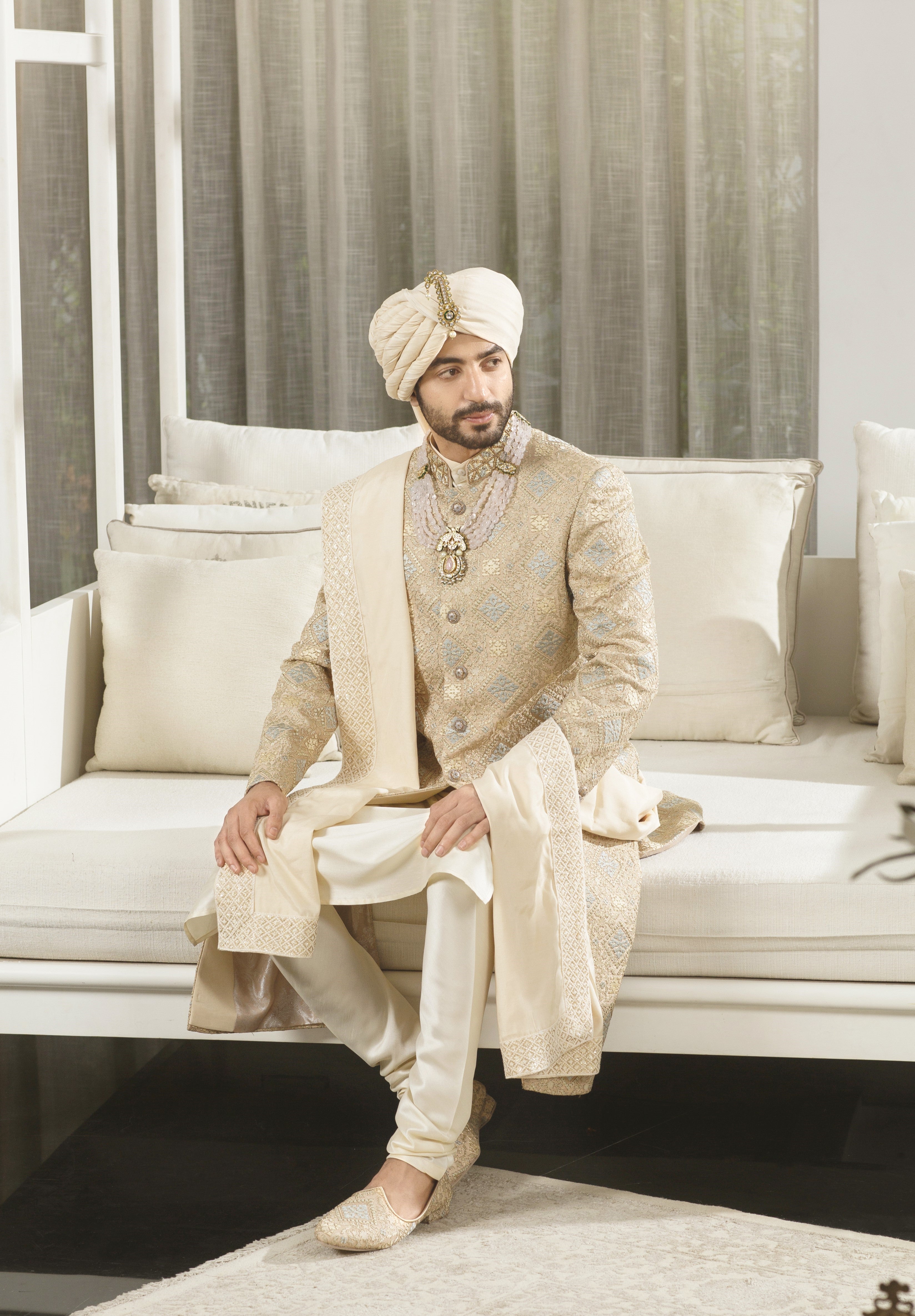 Men's Beige Silk Sherwani - Luxury Indian Attire