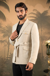 Trendy Beige Blazer with Belt - Modern Men's Fashion