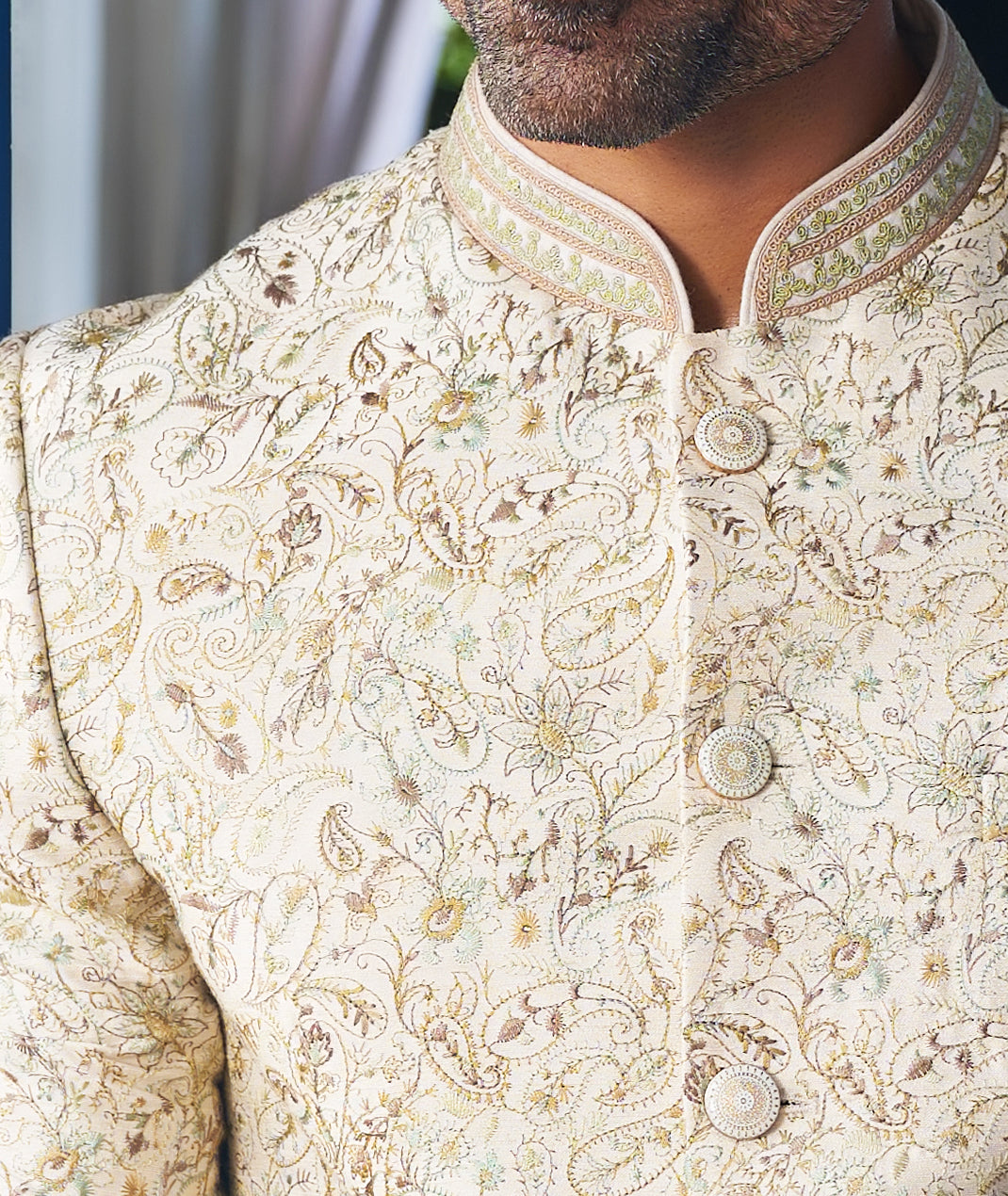 Stylish Beige Bandhgala Set with Intricate Embroidery, Perfect for Festive Occasions