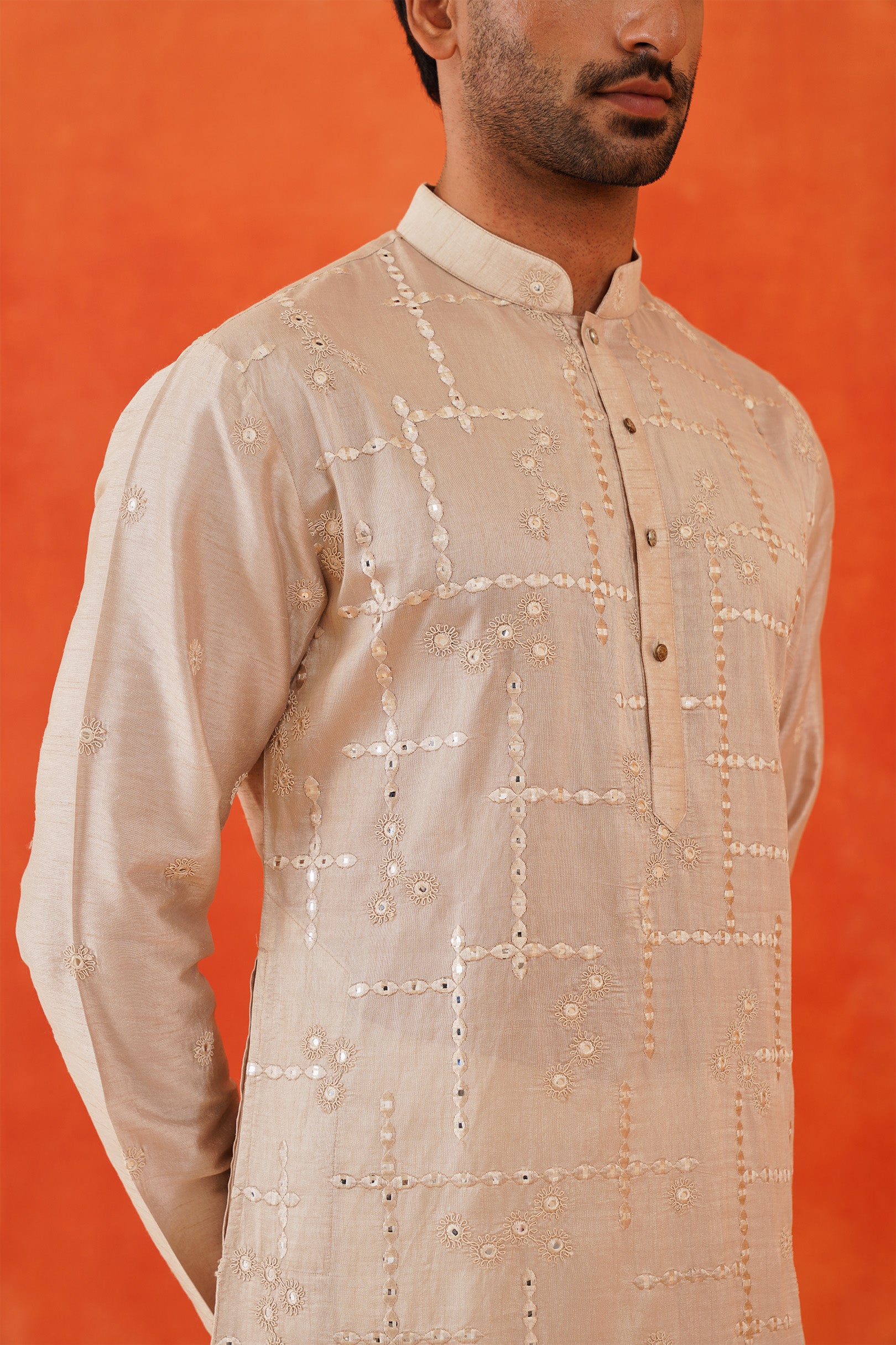 Men&#39;s Beige Embroidered Kurta Pyjama Set - Traditional Indian Attire