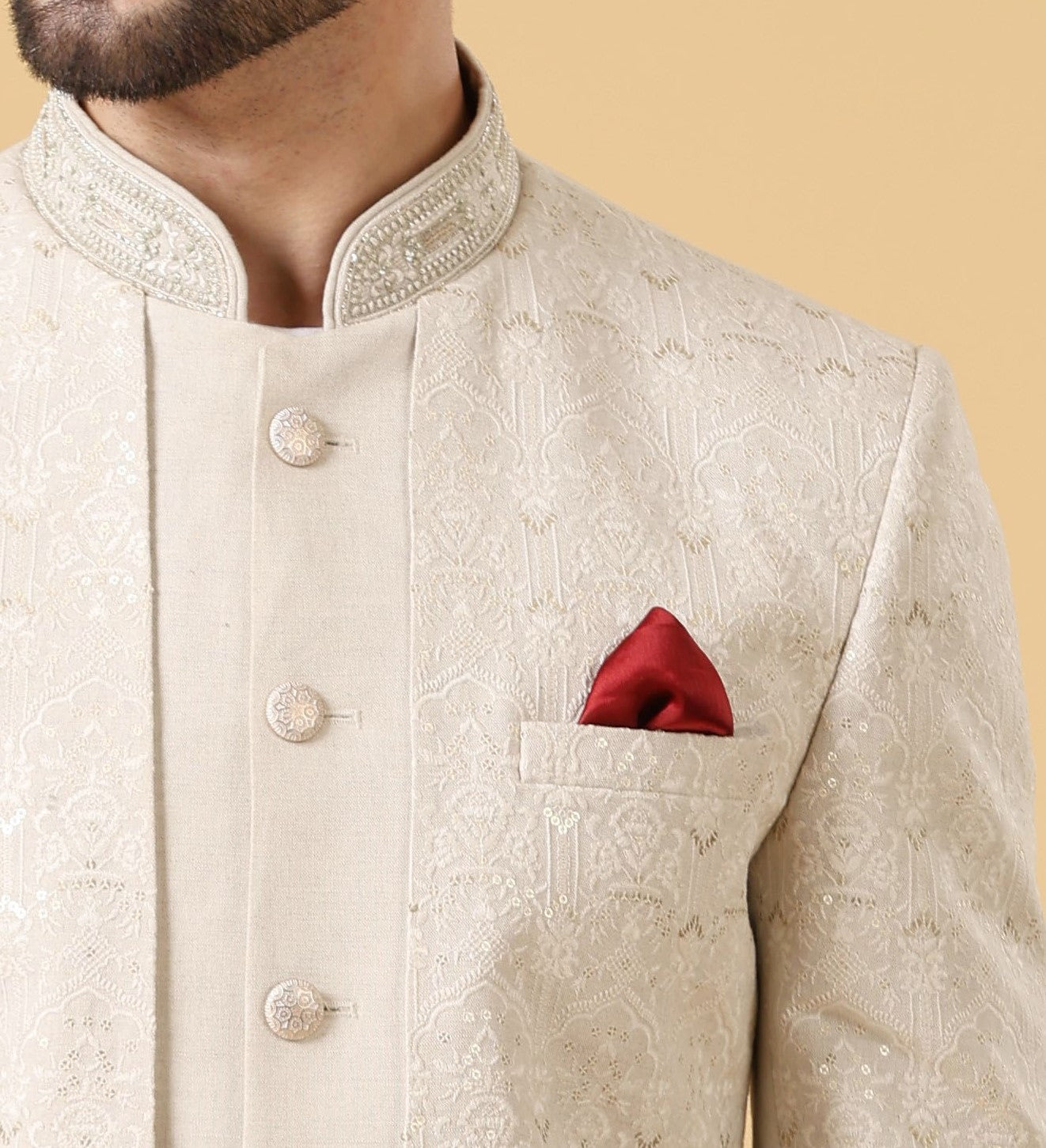 Pure Linen Beige embroidered Bandhgala