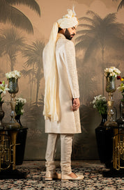 Beige Embroidered Raw Silk Sherwani