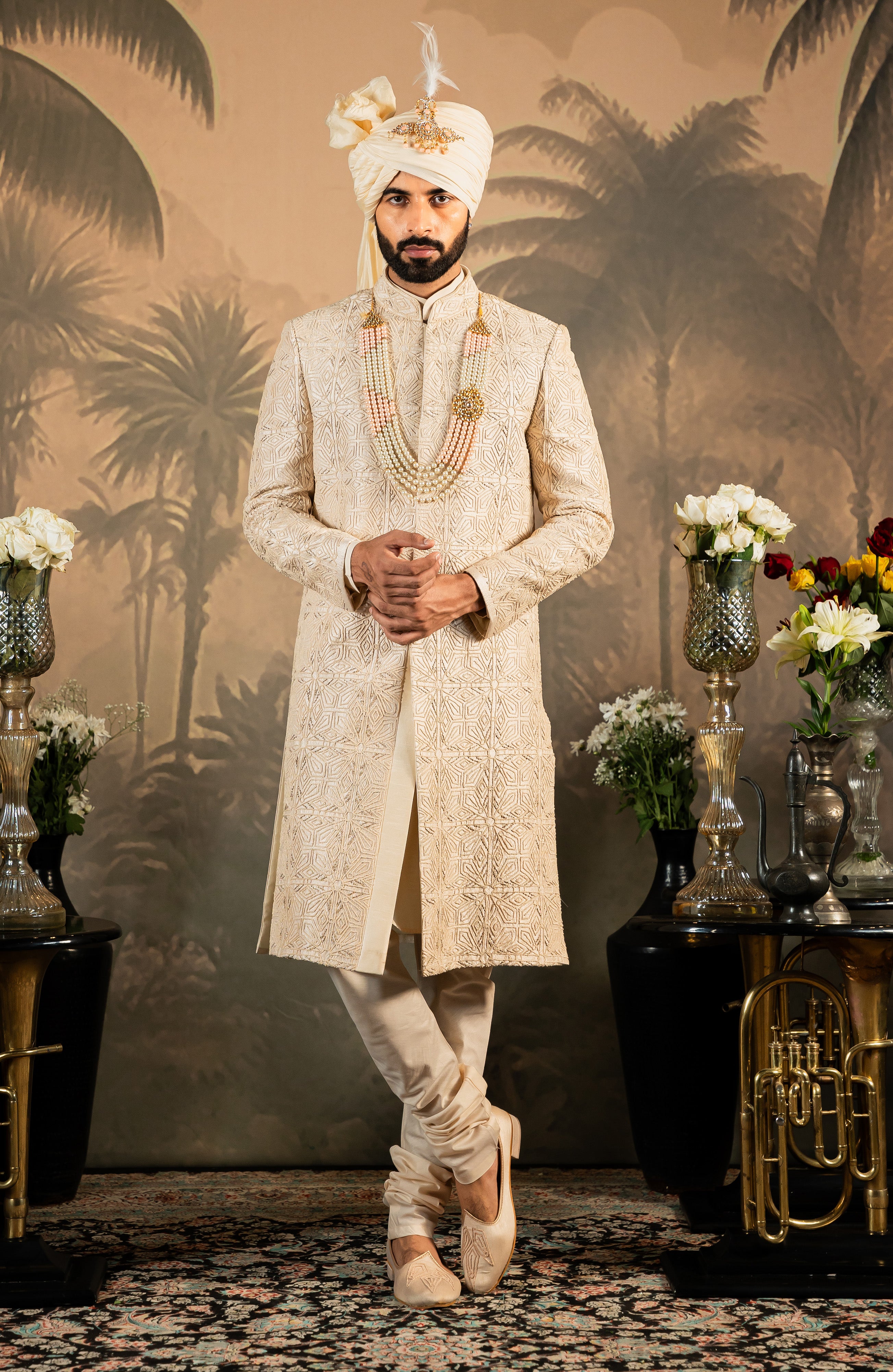 Beige Embroidered Raw Silk Sherwani