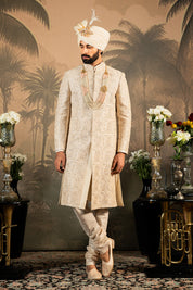 Beige Embroidered Raw Silk Sherwani