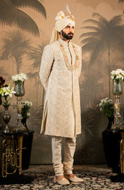 Beige Embroidered Raw Silk Sherwani