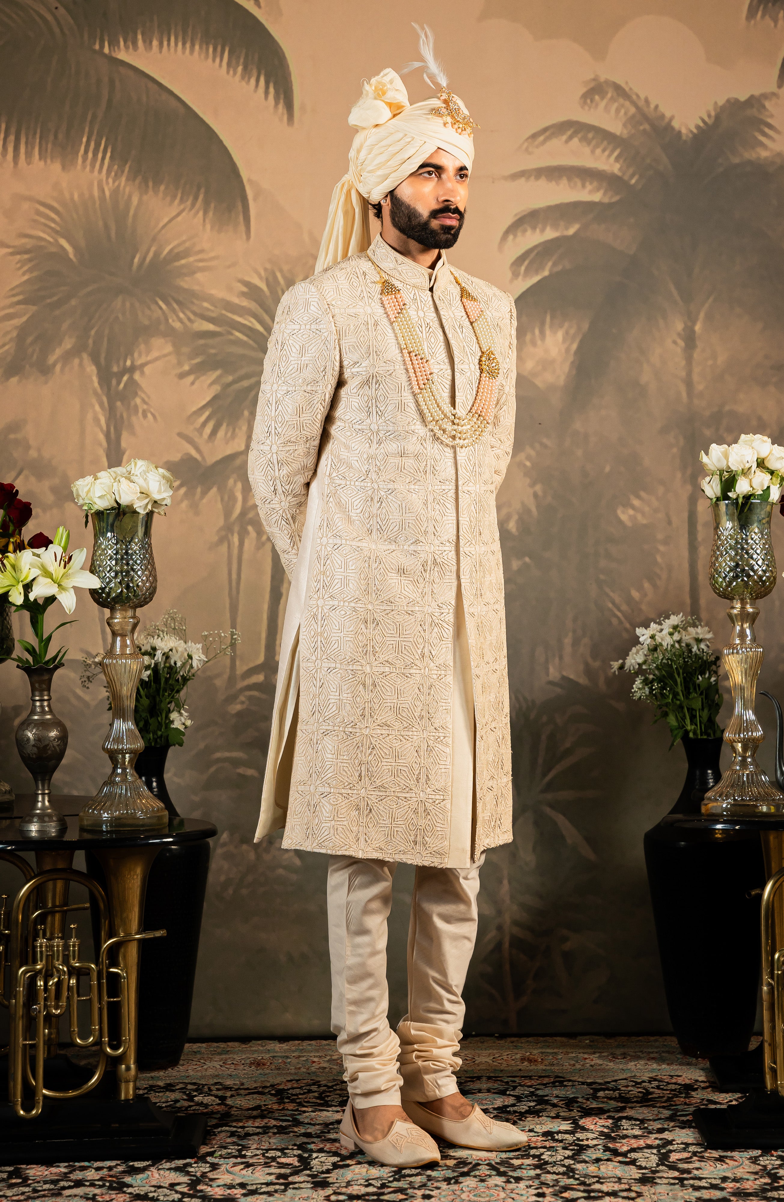 Beige Embroidered Raw Silk Sherwani