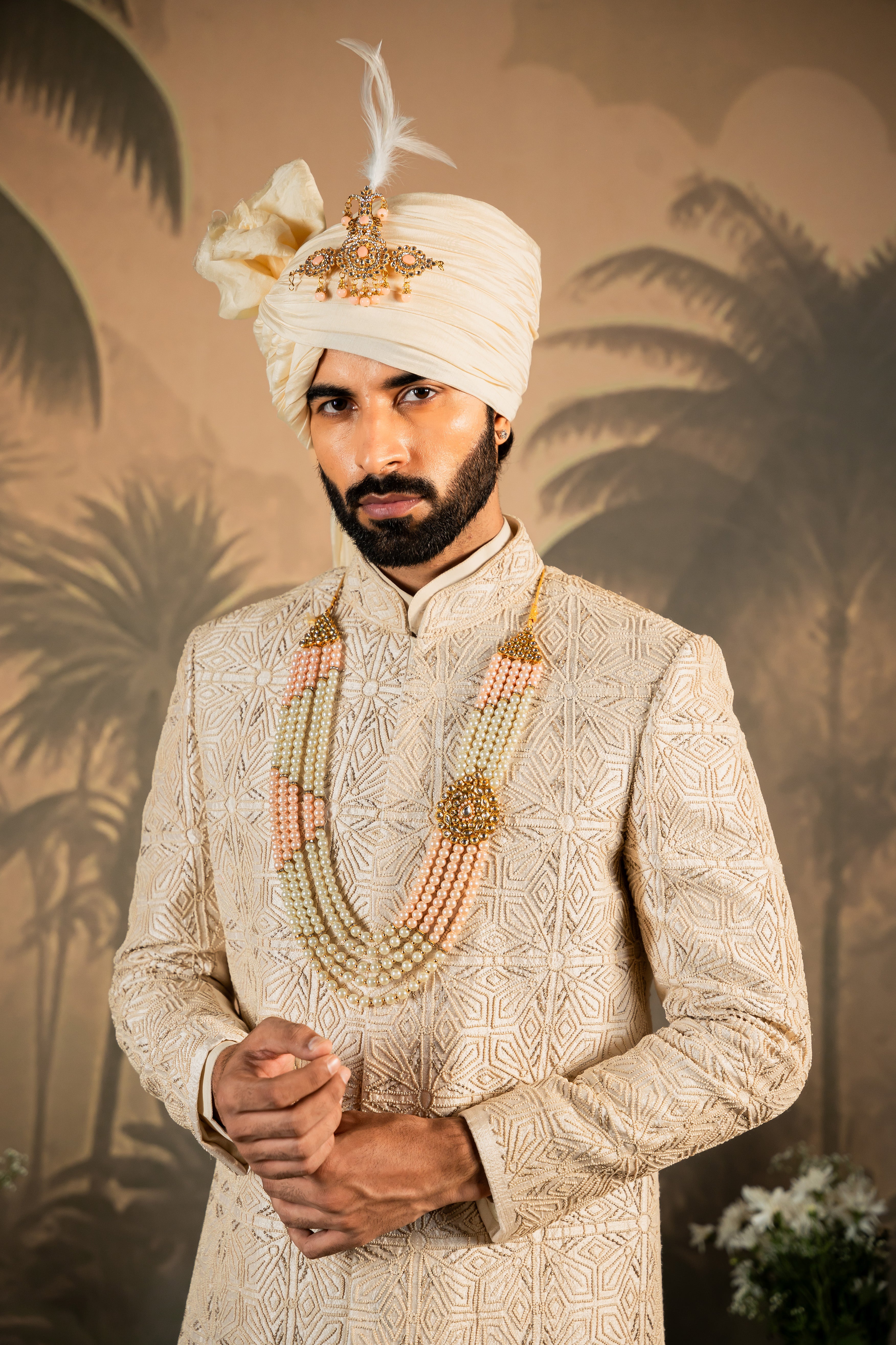 Beige Embroidered Raw Silk Sherwani