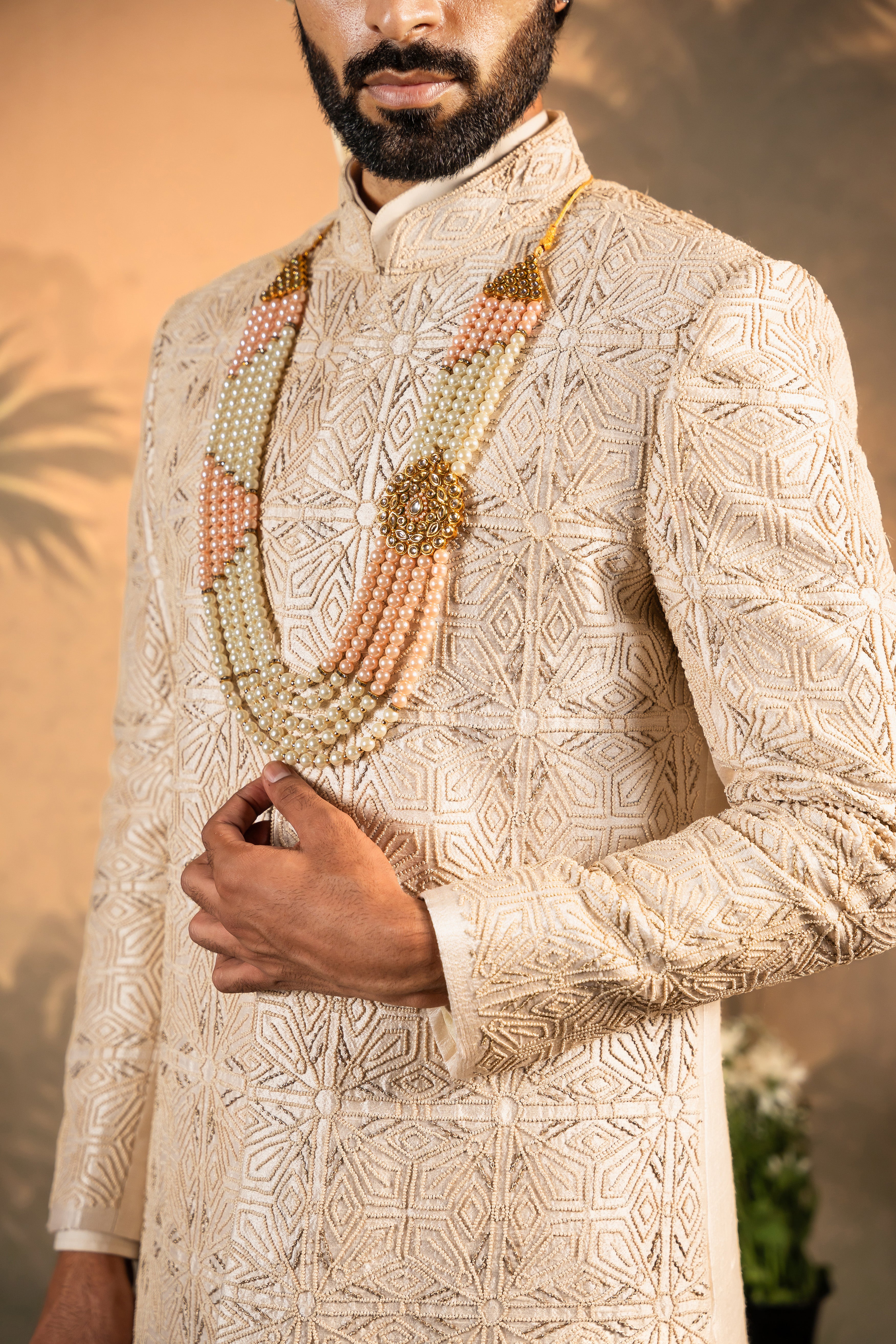 Beige Embroidered Raw Silk Sherwani