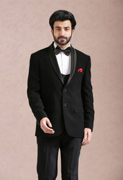 A luxurious black tuxedo suit, perfect for special occasions.
