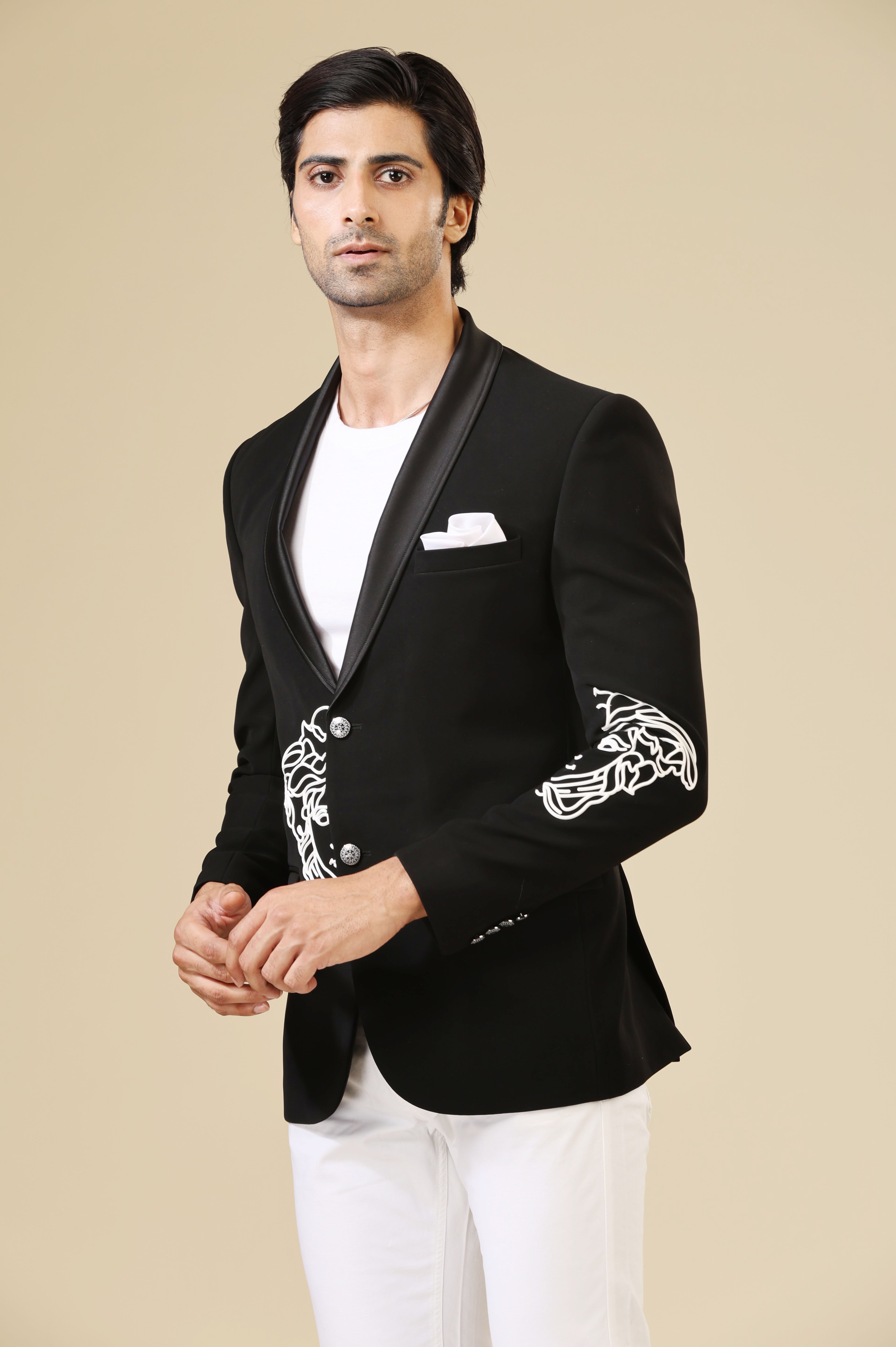 Trendy Black Blazer with Embossed Motif - Modern Men's Fashion