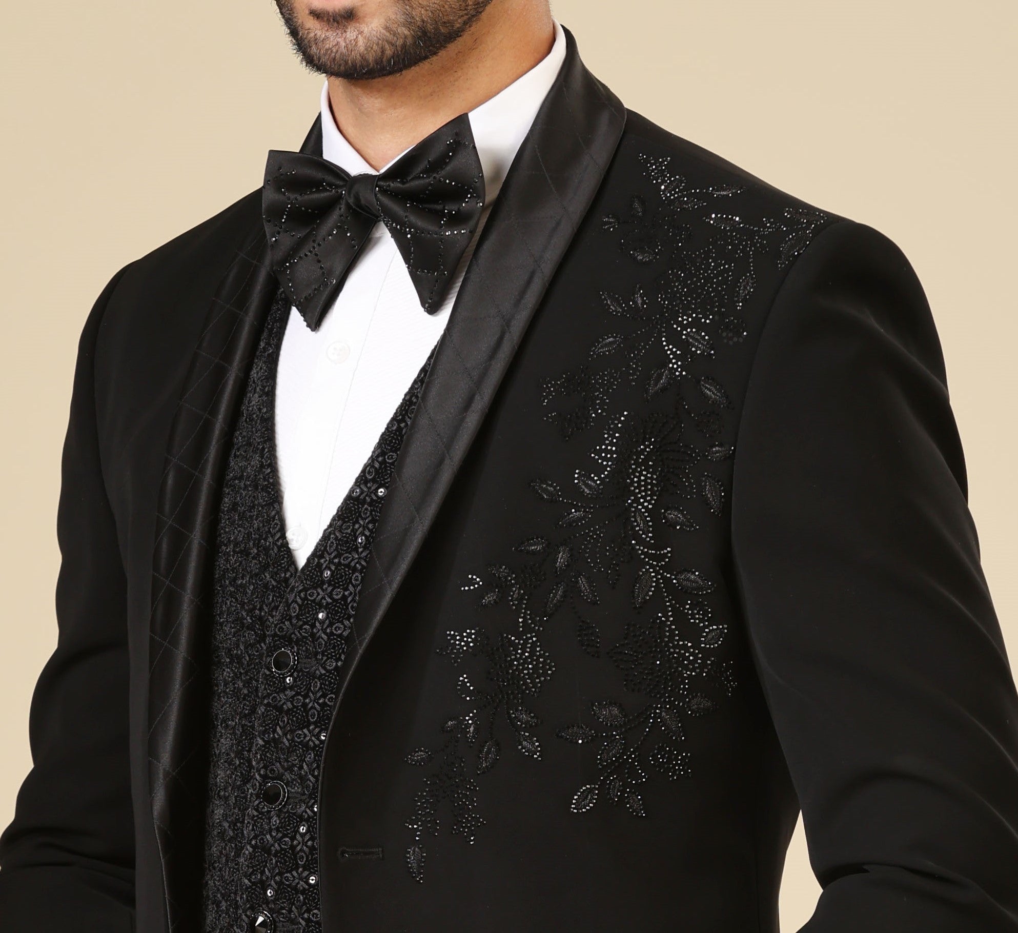 Trendy Black Embroidered Tuxedo Suit, Modern Men's Fashion
