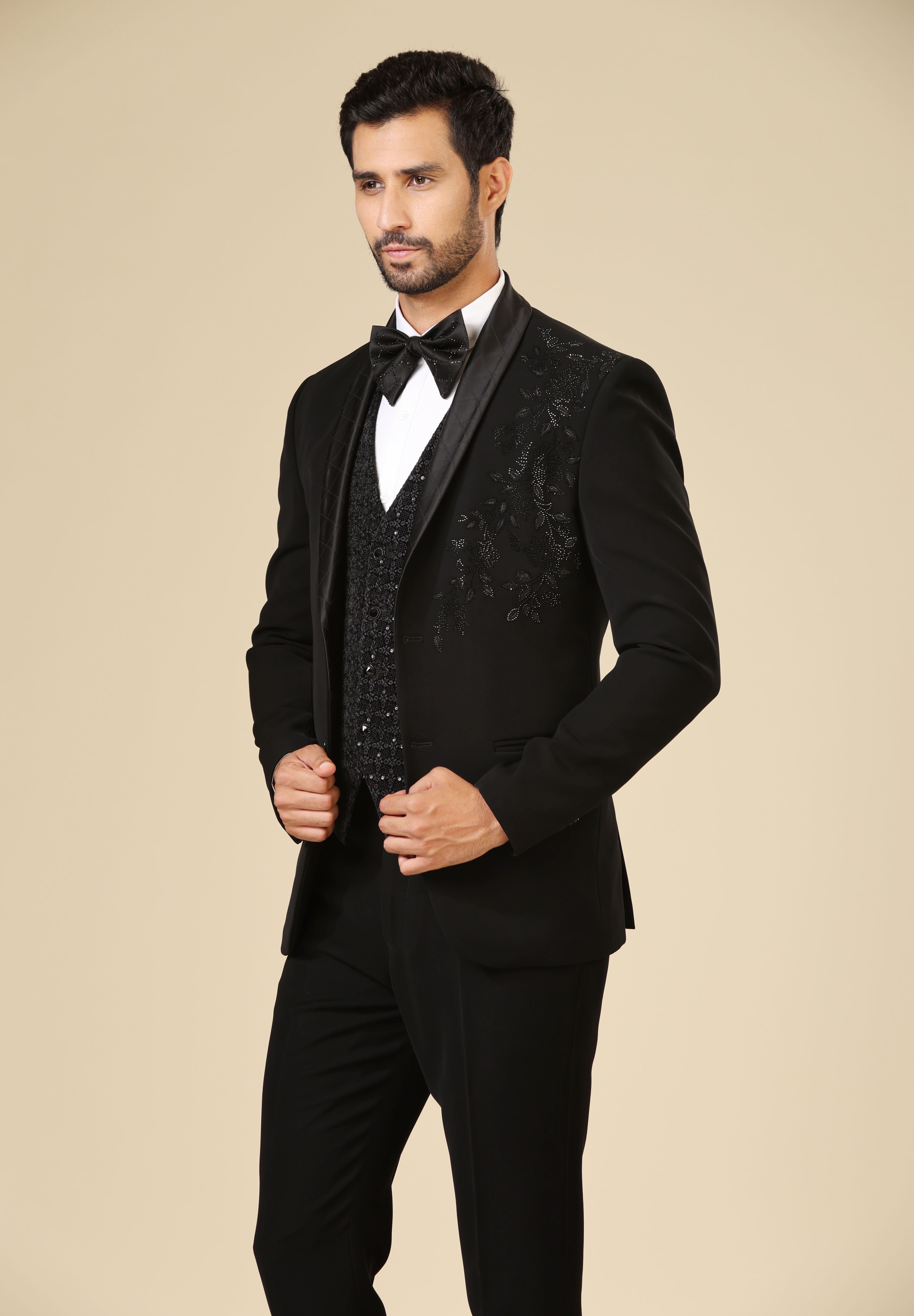 Stylish Black Embroidered Tuxedo Suit, Perfect for Weddings and Formal Occasions
