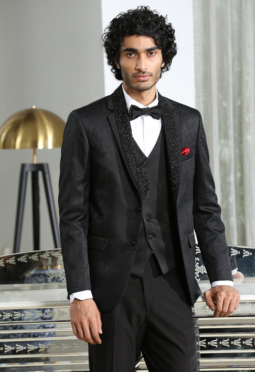 Trendy Black Jacquard Suit with Embroidery - Modern Men's Fashion

