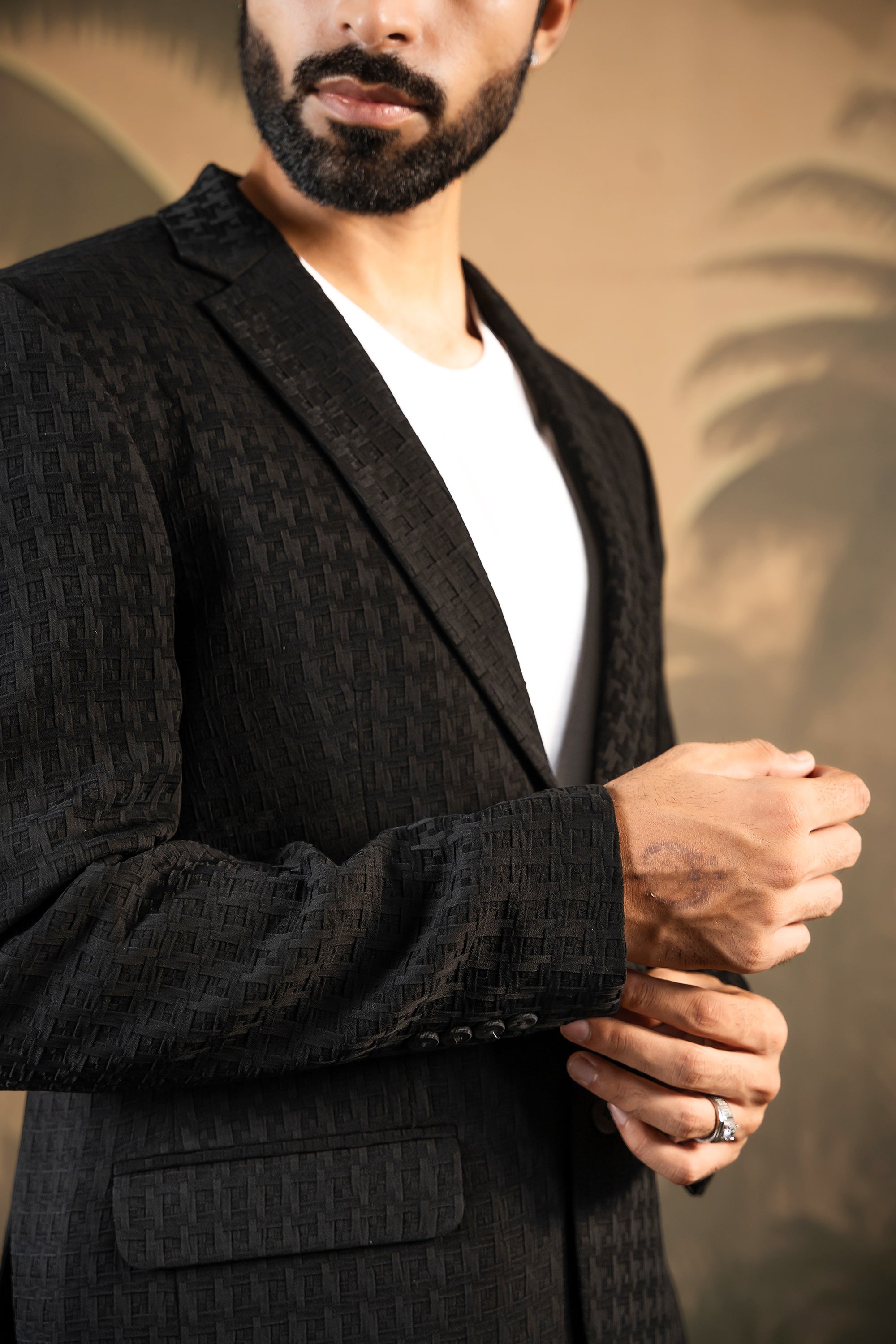 Stylish Black Blazer with Textured Pattern - Perfect for Office and Formal Occasions

