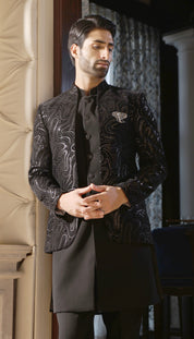 Men's Black Velvet Indo-Western Outfit - Fusion Wear for the Modern Man

