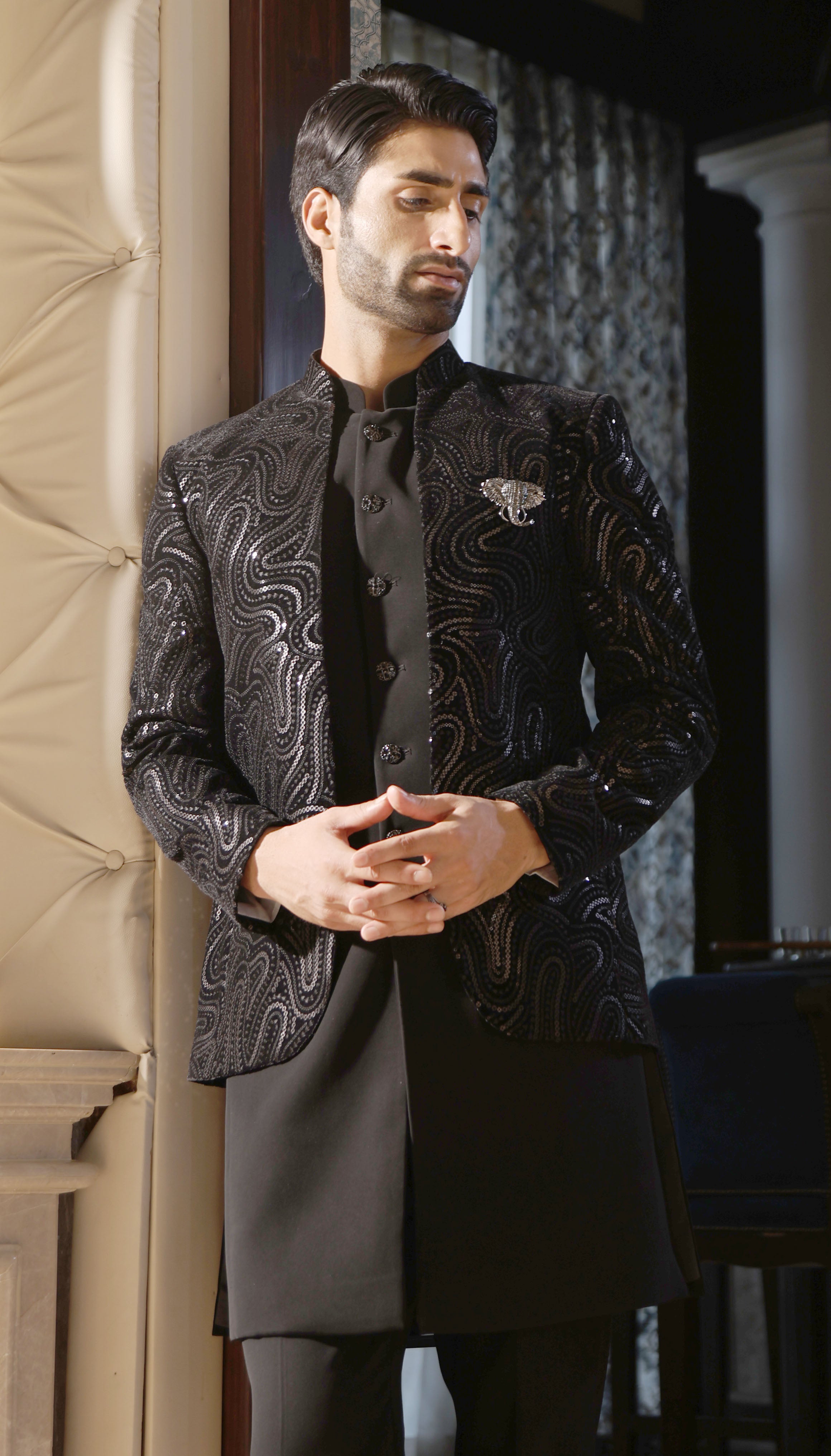 Men's Black Velvet Indo-Western Outfit - Fusion Wear for the Modern Man

