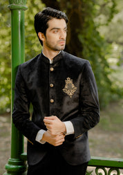 Men's Black Velvet Bandhgala - Luxury Indian Attire

