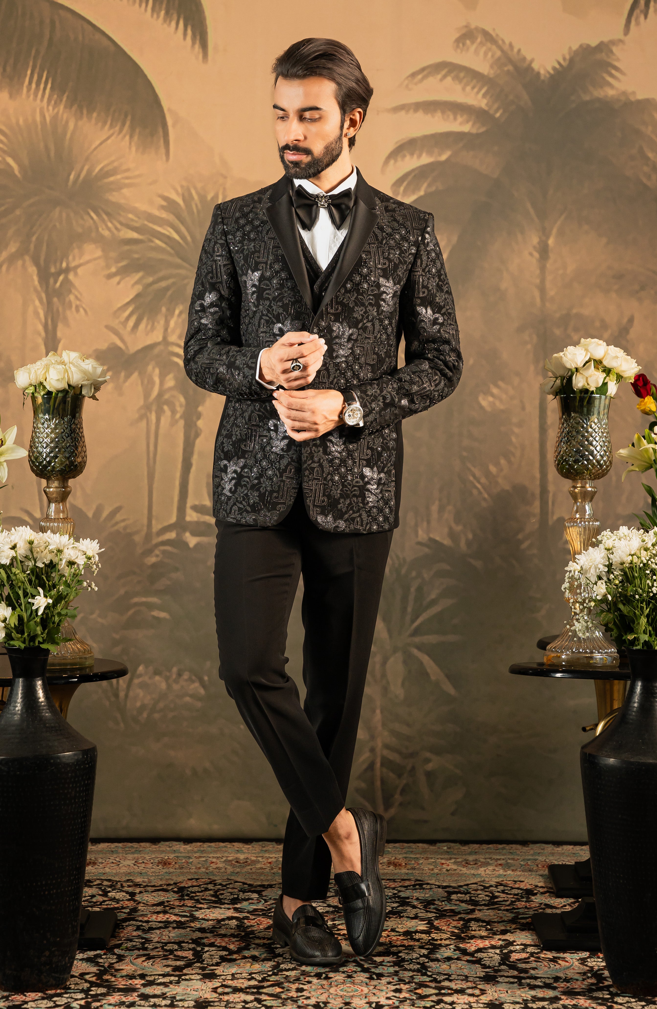 Black Embroidered Tuxedo Suit