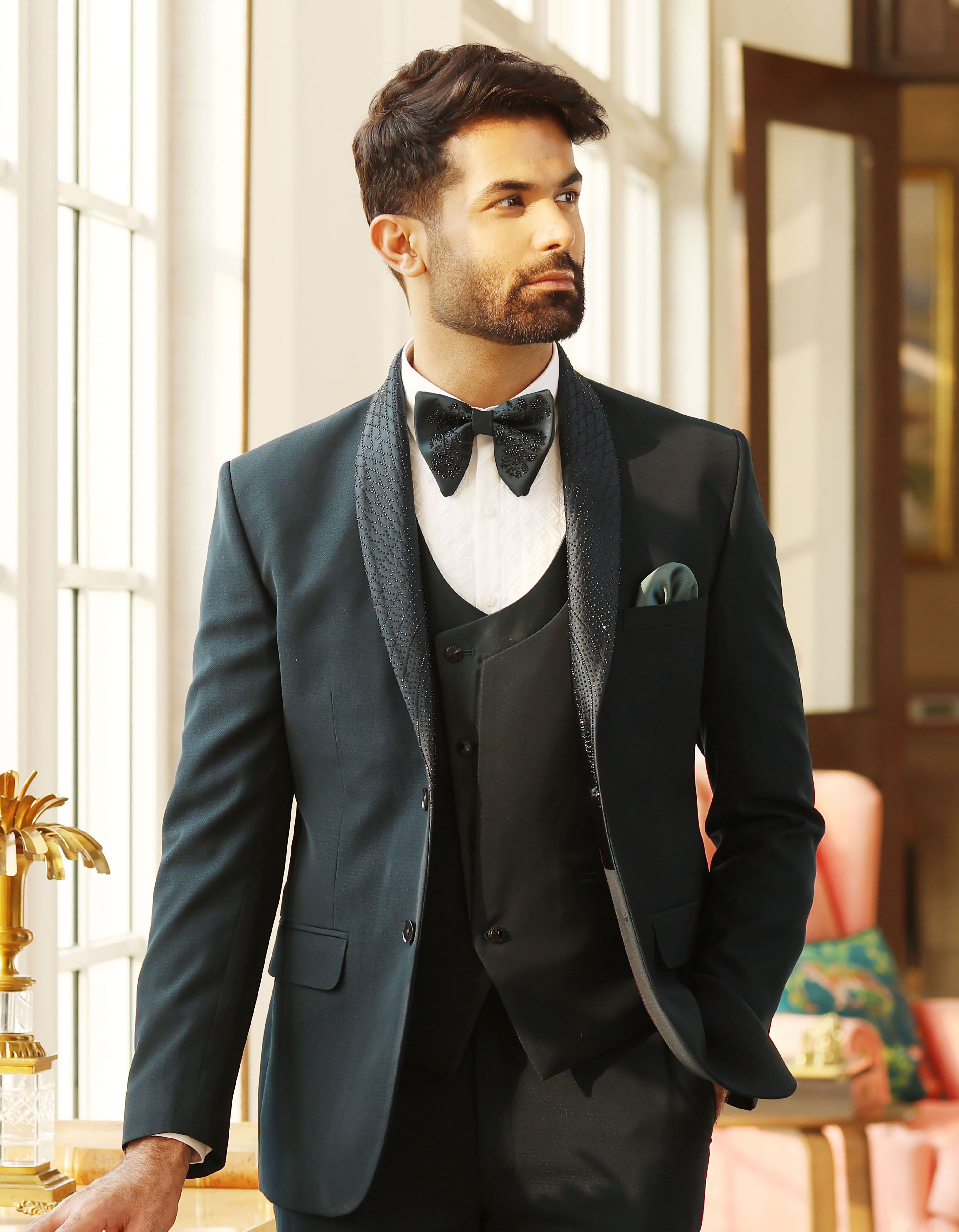 Textured Teal Jacquard Designer Suit