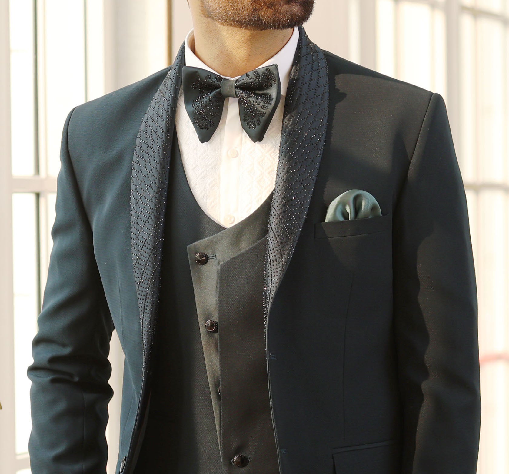 Textured Teal Jacquard Designer Suit