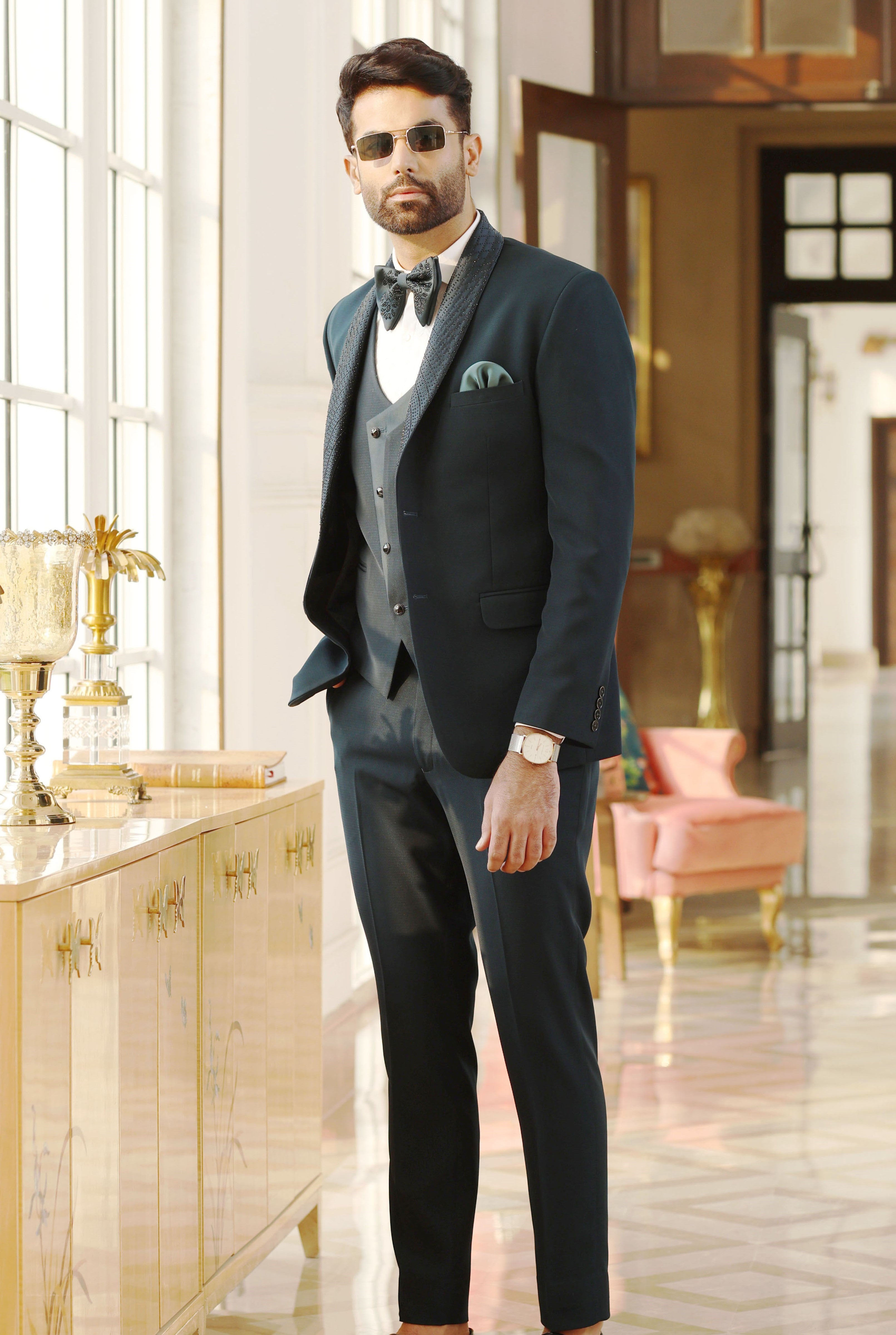 Textured Teal Jacquard Designer Suit