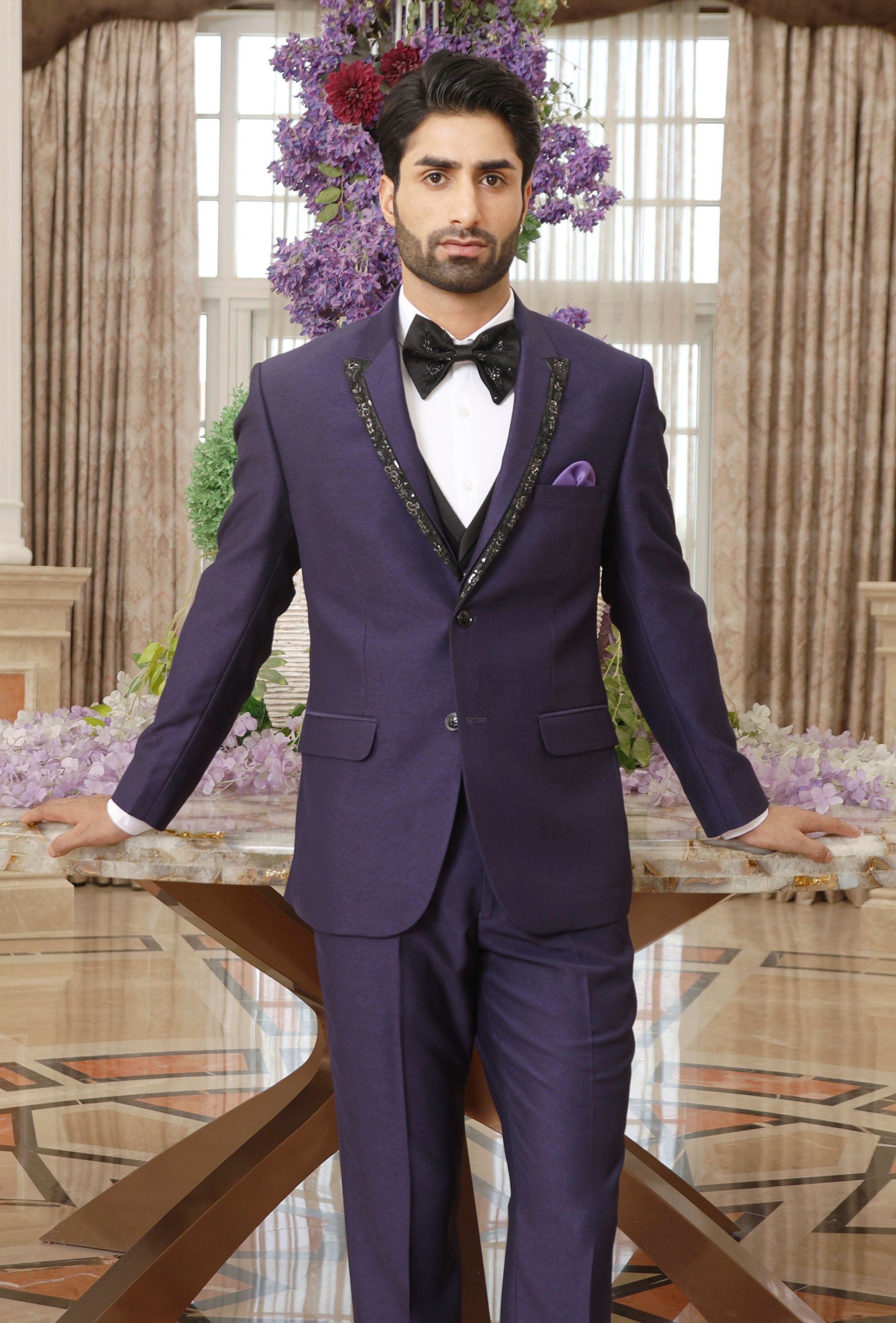 Solid Purple Men's Designer Suit with Embroidery