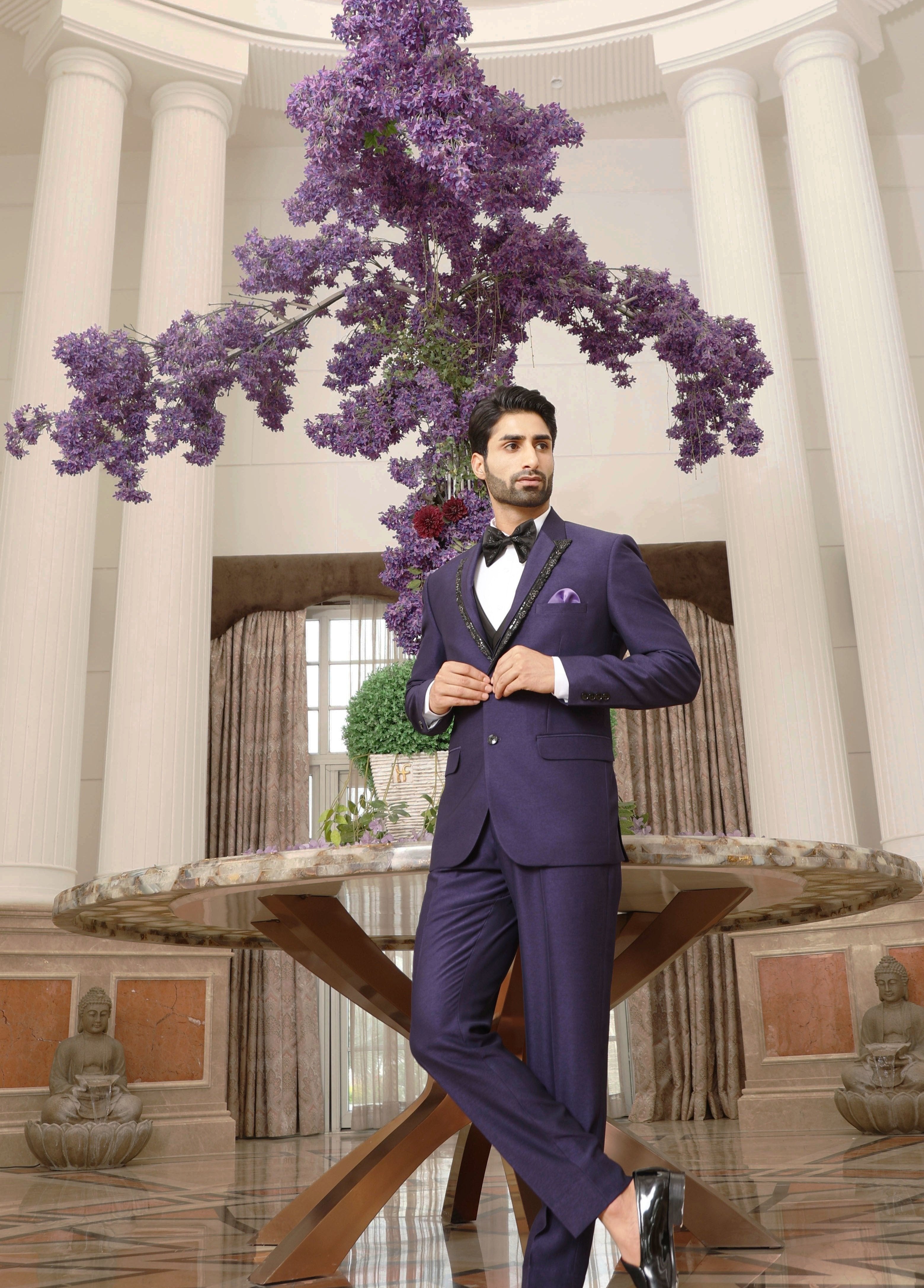 Solid Purple Men's Designer Suit with Embroidery