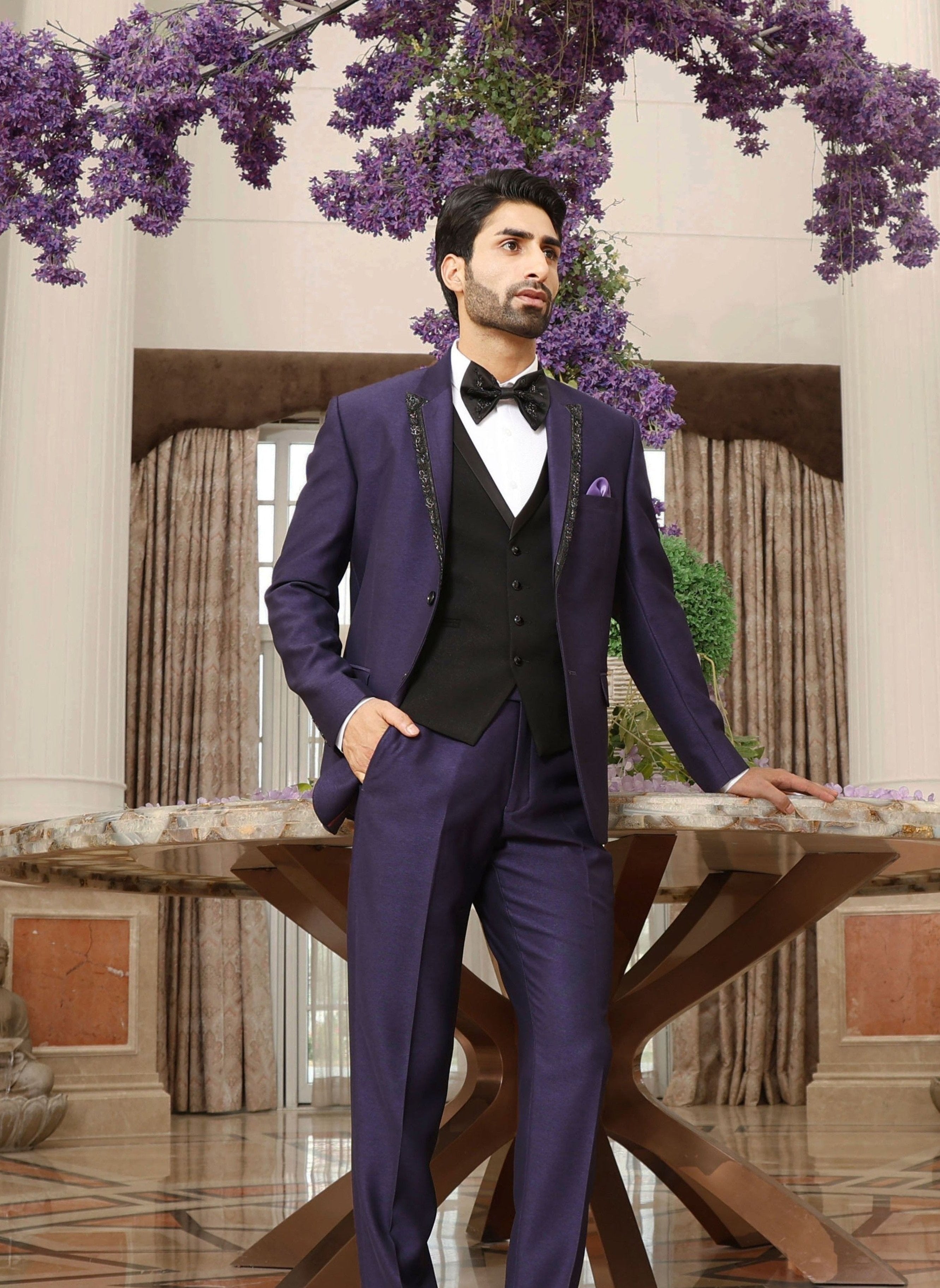 Solid Purple Men's Designer Suit with Embroidery