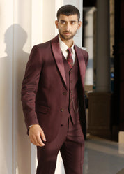 Wine Houndstooth Suit with Detachable Satin Shawl Collar