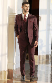 Wine Houndstooth Suit with Detachable Satin Shawl Collar