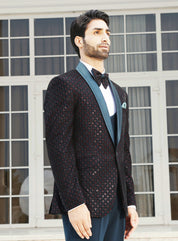 Teal-Wine Embroidered Tuxedo