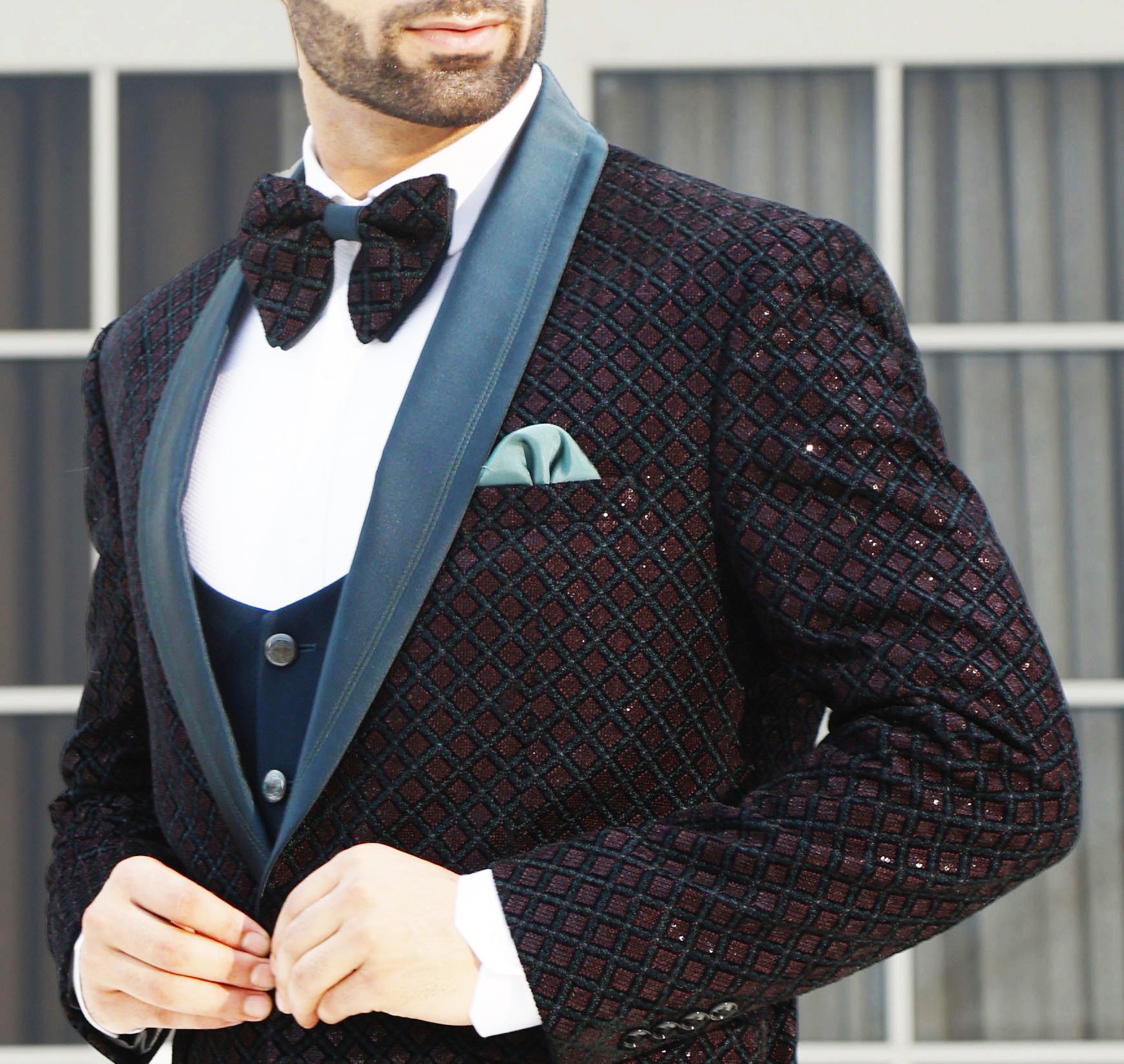 Teal-Wine Embroidered Tuxedo